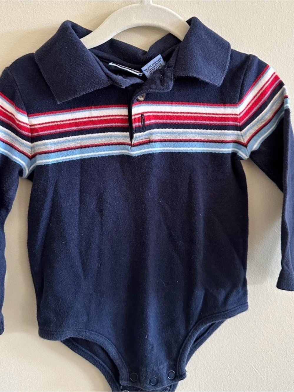 Koala Kids Navy Long-Sleeve Polo Bodysuit with Red & Light Blue Stripes